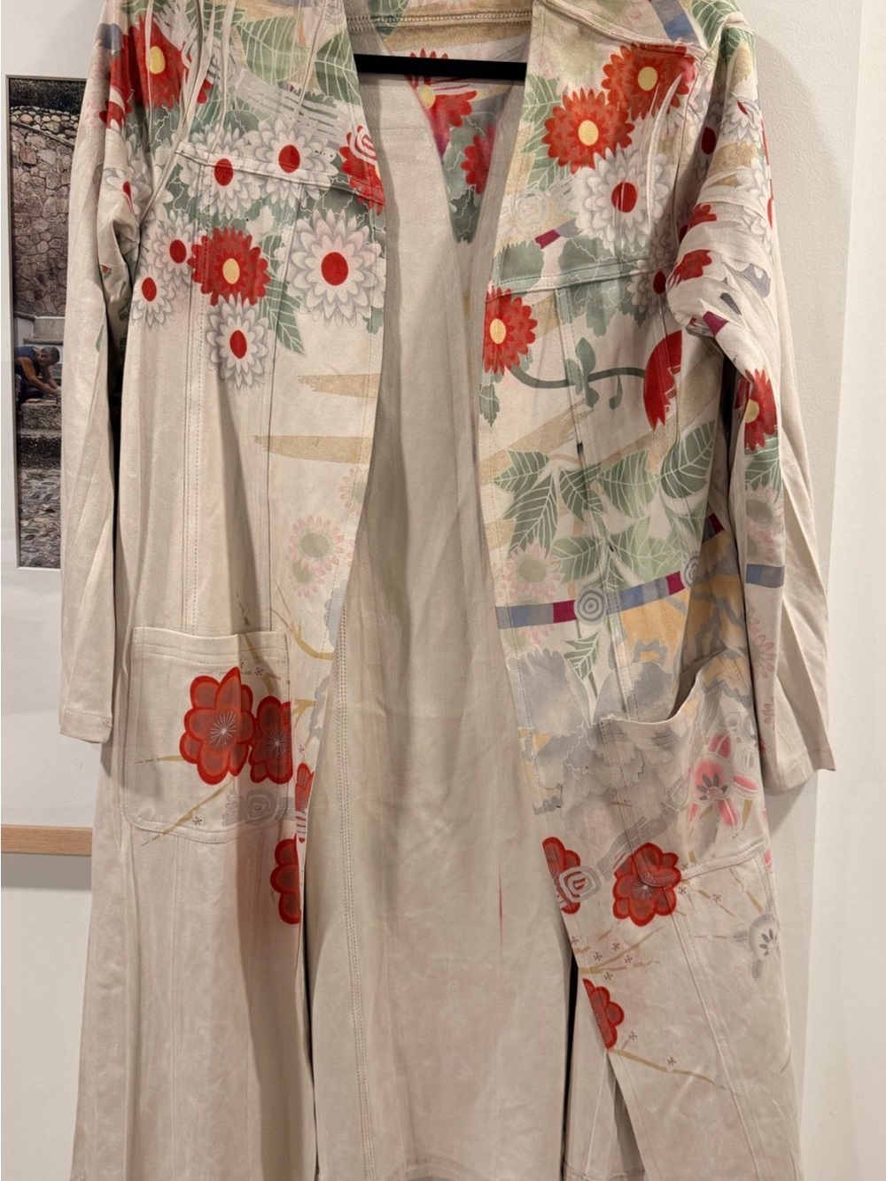 Origami Cream Duster with Red Floral Print